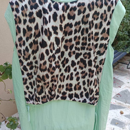 Set with Mint Color Pants and Sleeveless Leopard Print Top New
