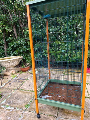 Parrot cage used, metal with wheels, 60x60x140 cm