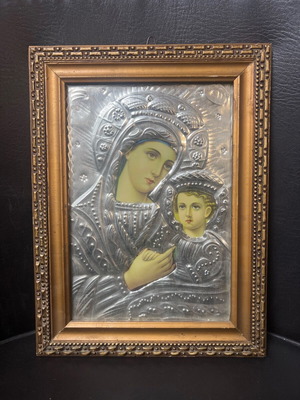 Virgin Mary and Christ Child vintage religious icon used with metal overlay