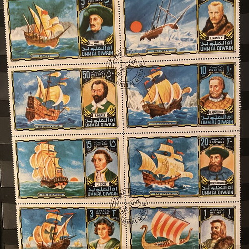 Vintage Umm al-Quwain Explorer and Sailing Ship Stamps used