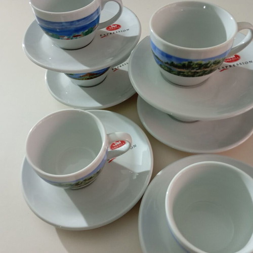 Lumidhs Coffee Cup and Saucer Set of 6 with Greek Landscapes and 6 White Italian Plates new