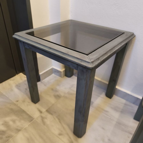 Coffee tables used, oak wood with smoked glass, vintage chalk paint