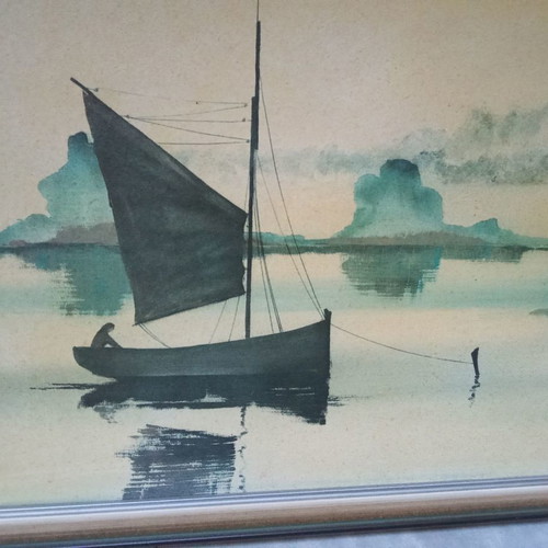 Vintage oil painting used on canvas Spencer 88x47 boat