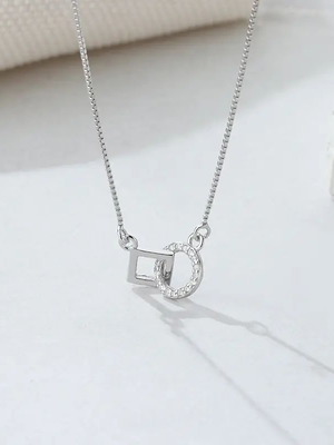 Silver Necklace S925 with Square and Circle Zircon Pendant