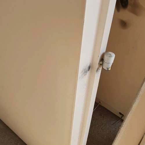 Wooden exterior entrance door with frame, white lacquer