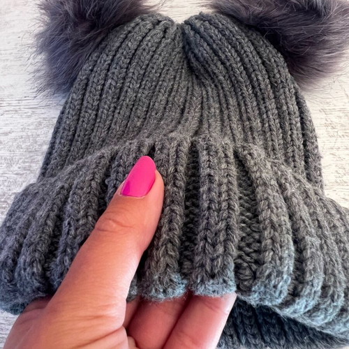Knitted gray hat with two eco fur pompoms new