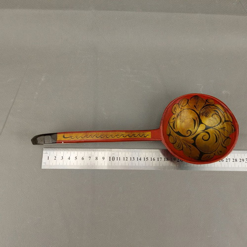 Old Hand-Painted Russian Wooden Serving Spoon Used with Khokhloma