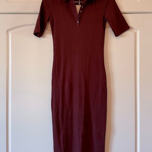 ZARA Long Short-Sleeve Dress Brown Ribbed New Small S 8