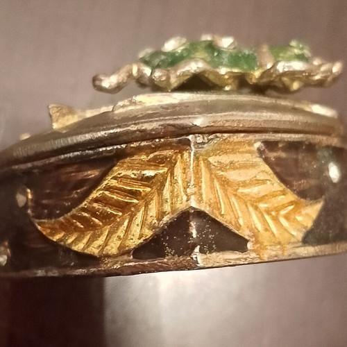 Heart jewelry box used, mini, ornate with leaf and beetle