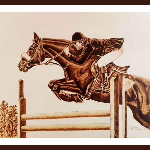 Equestrian Race Woodburning Painting new on poplar wood