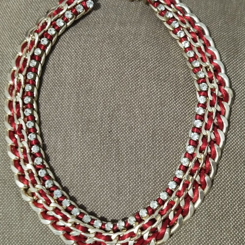 Gold necklace with red braid and rhinestones like new