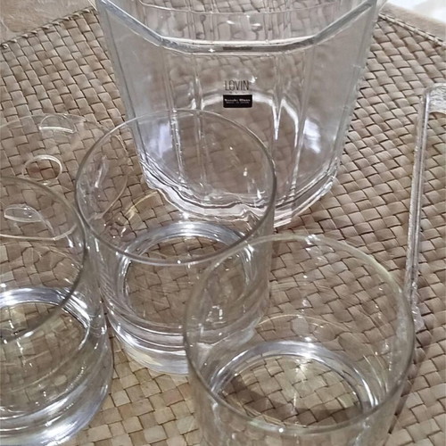 Sasaki glass ice container and 3 used whiskey glasses