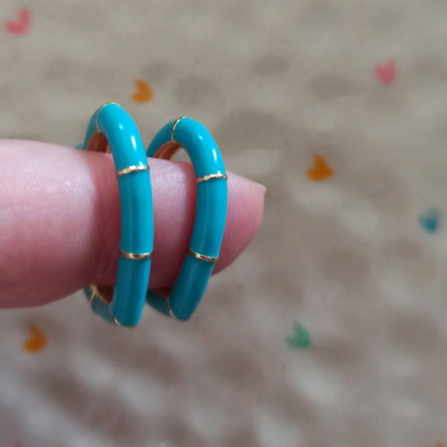 Heart-shaped steel earrings in turquoise and gold color, like new