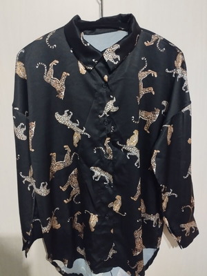 Women's satin shirt black with pattern, new, size XL