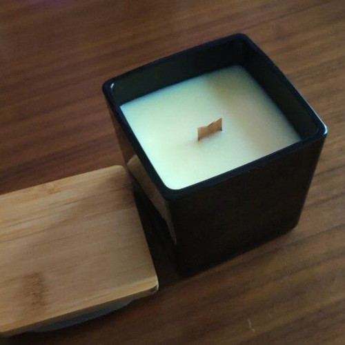 Handmade soy candle in glass container with wooden lid made to order