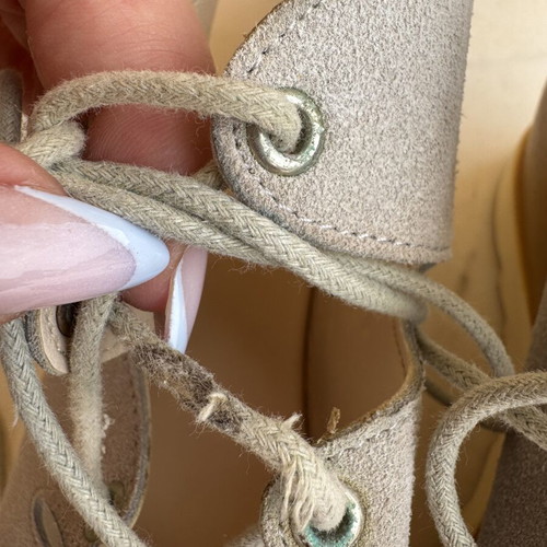 Flatform sandals lace up used, grey beige suede, size 39, 9 cm heel