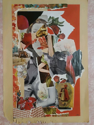 Collage Damaged Red Riding Hood on Old Drawing Paper