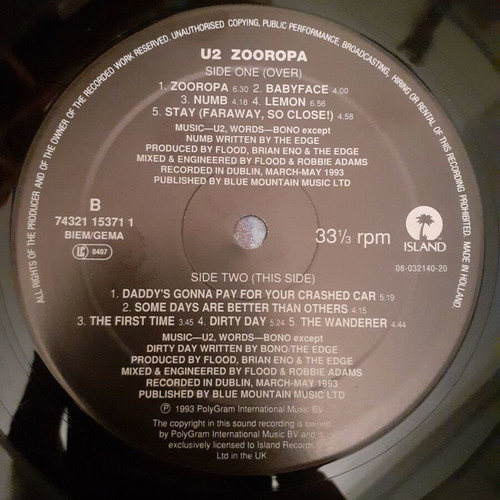 U2 Zooropa Original Vinyl LP 1993 near mint rock album