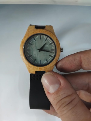 Wooden wristwatch new with brown leather strap