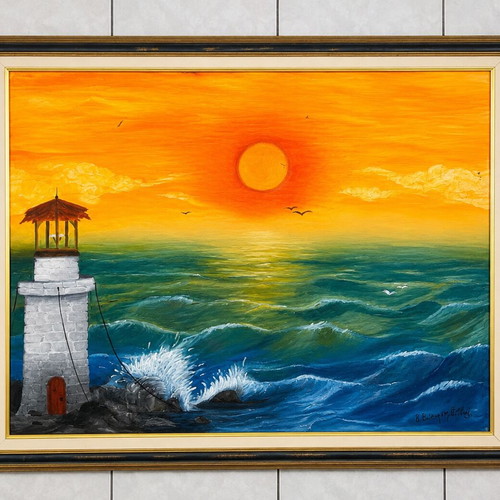 Seascape painting with lighthouse and sunset by Theodorakopoulos V., framed