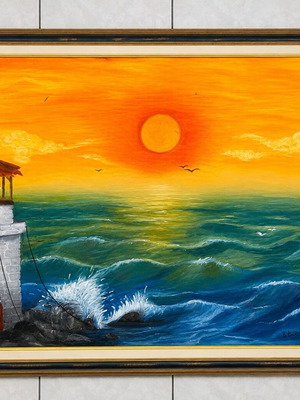 Seascape painting with lighthouse and sunset by Theodorakopoulos V., framed