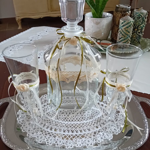Crystal carafe with 2 decorated glasses for wedding crowning set like new