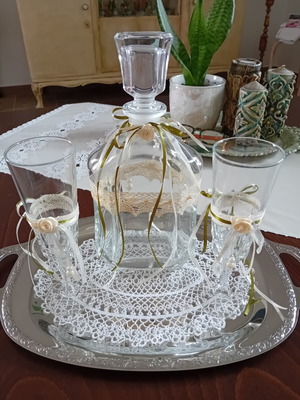 Crystal carafe with 2 decorated glasses for wedding crowning set like new