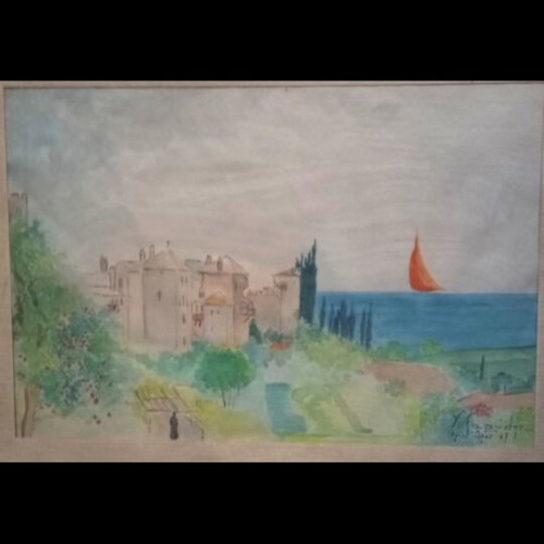 Watercolor painting of Mount Athos used, signed by Karydis