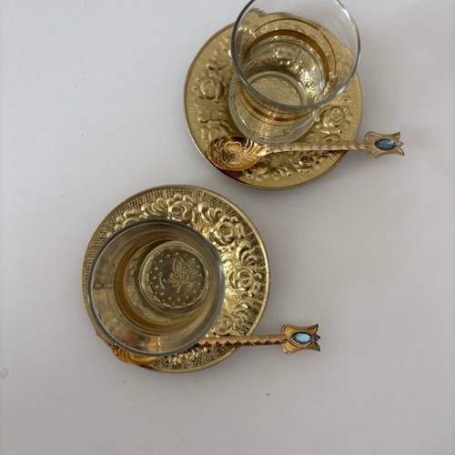 Turkish metal tea set in gold tone like new