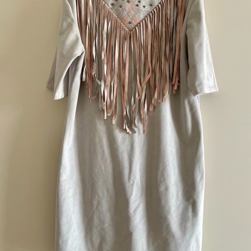 Glamorous dress with fringes new, suede light gray with pink Small