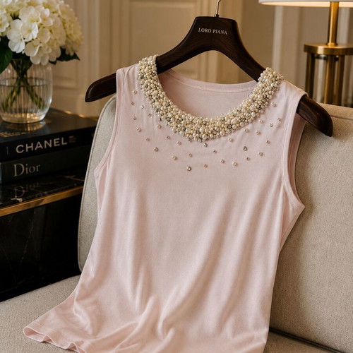 Pink top with pearls and crystals neckline, like new, M/L