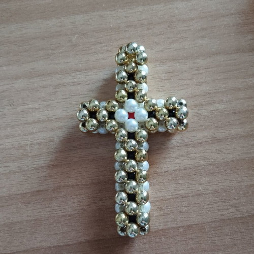 Handmade 3D cross with beads, like new, white and gold