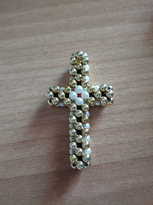 Handmade 3D cross with beads, like new, white and gold