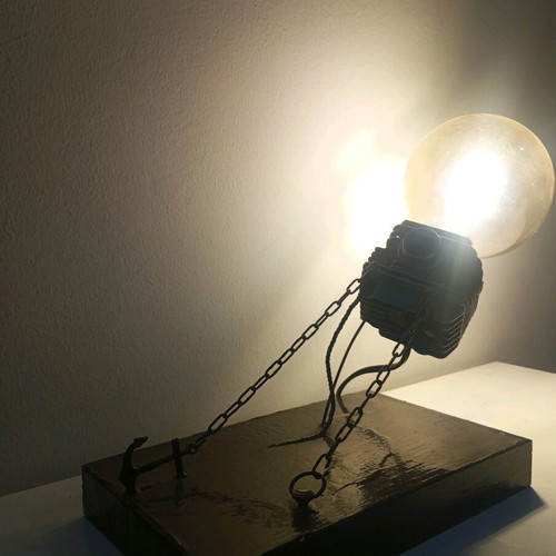 Handmade desk lamp from chainsaw parts and wood new