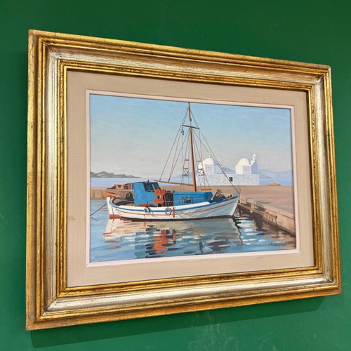 Oil painting by I. Sergoulopoulos used, framed, Aegina - Agios Nikolaos harbor