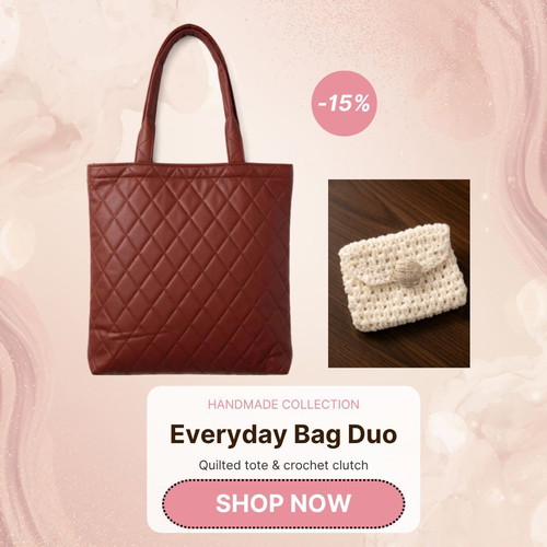 Quilted Shoulder Bag and Mini Crochet Wallet Set new, white and brown