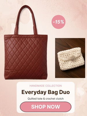 Quilted Shoulder Bag and Mini Crochet Wallet Set new, white and brown