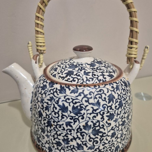 Ceramic teapot rare vintage style with woven bamboo handle