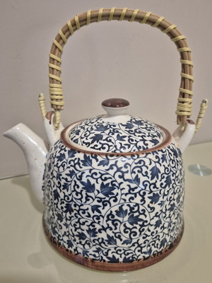 Ceramic teapot rare vintage style with woven bamboo handle