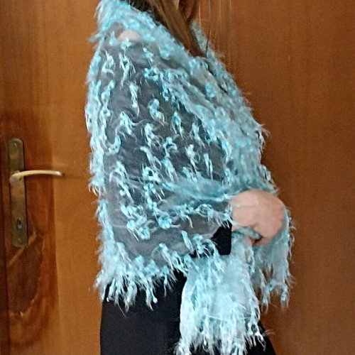 Blue scarf with fringes like new, lightweight and semi-transparent