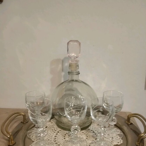 Liqueur set like new, 5 glasses, bottle, silver-plated tray