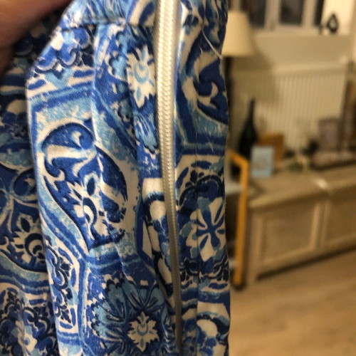 Long skirt straight cut with side slit and zipper like new, white and blue