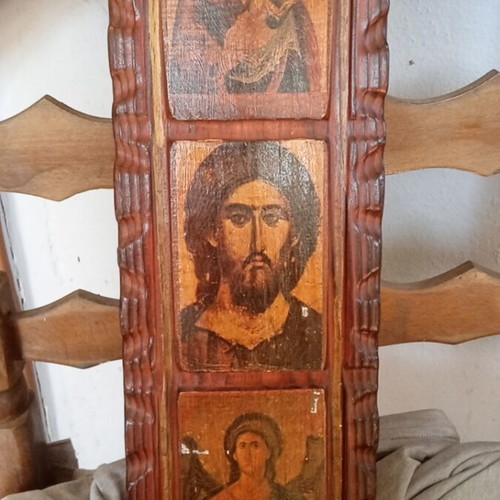 Triple Religious Icon Used with Byzantine Style and Patina Technique
