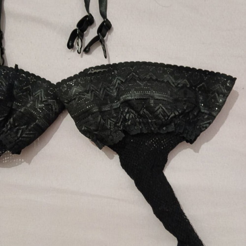 String lingerie with integrated garters and fishnet stockings, new, black