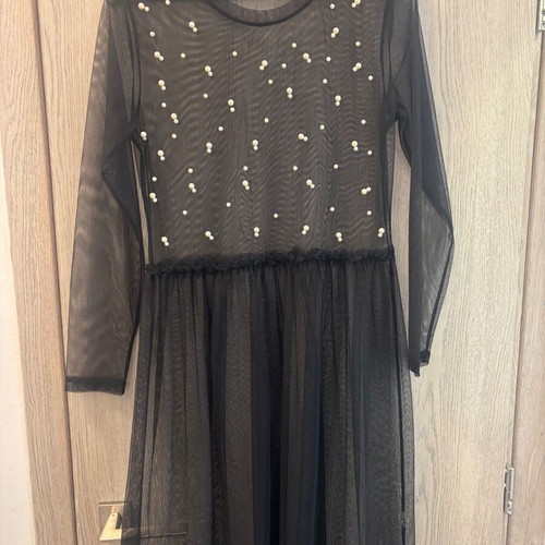 Zara Basic dress with tulle and pearls like new, black