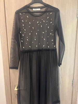 Zara Basic dress with tulle and pearls like new, black