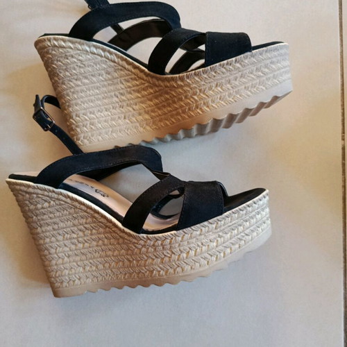 Stefania platform sandals black genuine leather with beige wedge and ankle strap
