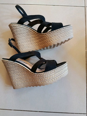 Stefania platform sandals black genuine leather with beige wedge and ankle strap