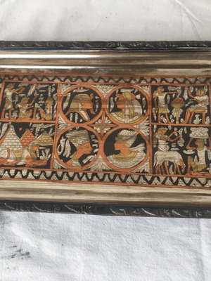Egyptian decoration set like new, metal tray and vase with engraved figures