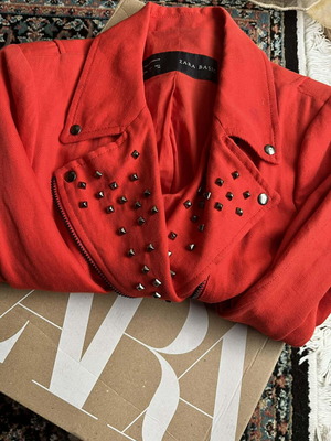 Zara red linen biker jacket like new, size 40/Large